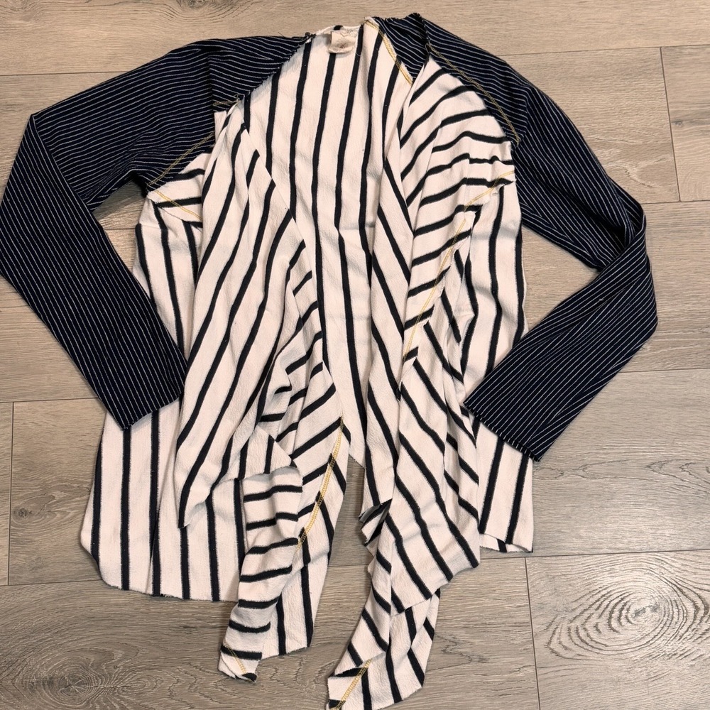Mystree Terry Open Cardigan Small S Long Top Blue Stripe Mix Media Cotton Drape